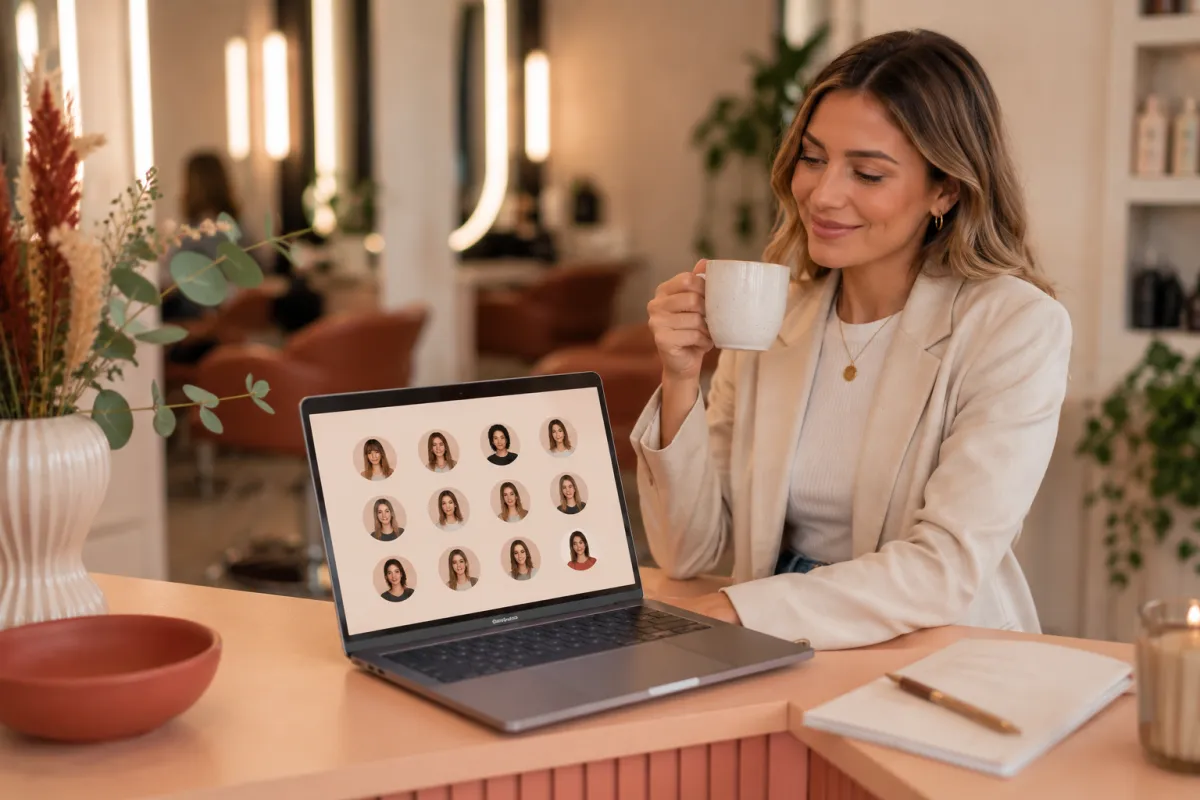 A salon owner planning an offer for her clients on a laptop