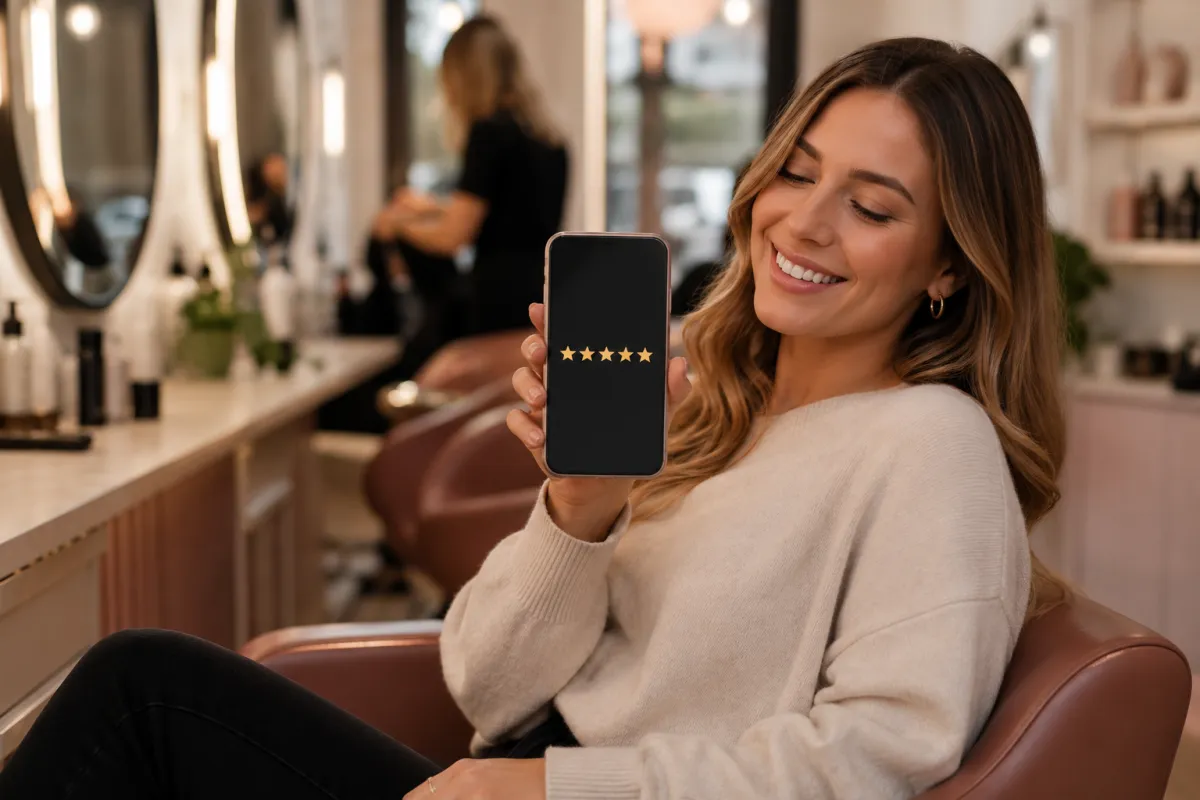 A happy client showing a five-star review on her phone in a salon