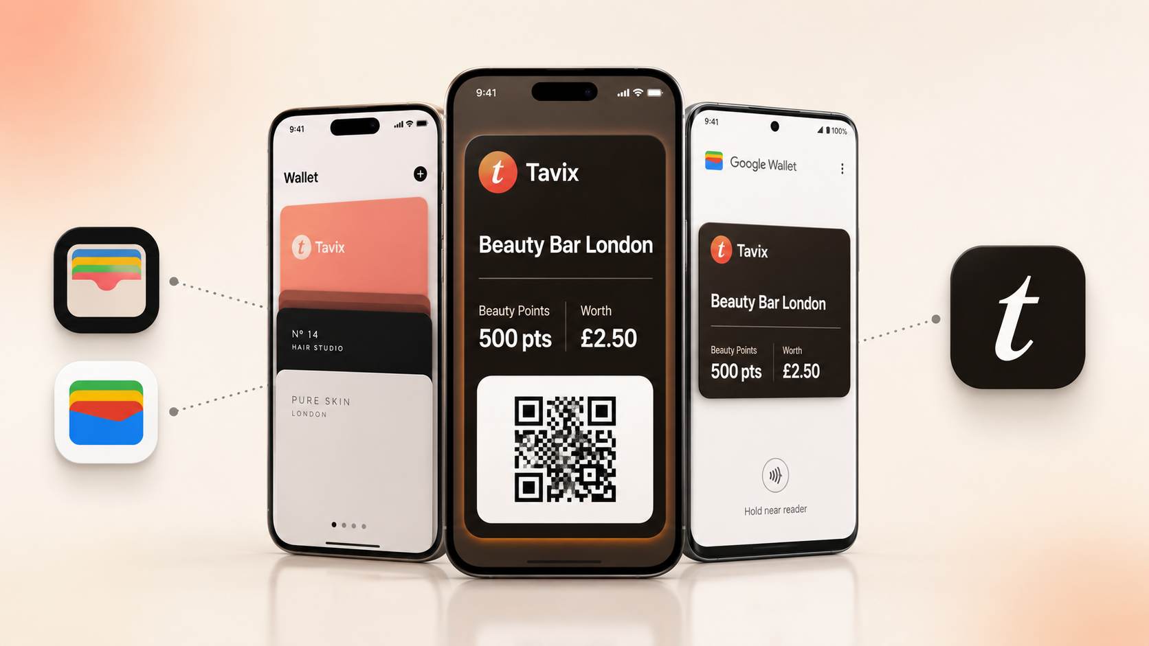 Tavix loyalty pass shown in Apple Wallet on iPhone and Google Wallet on Android